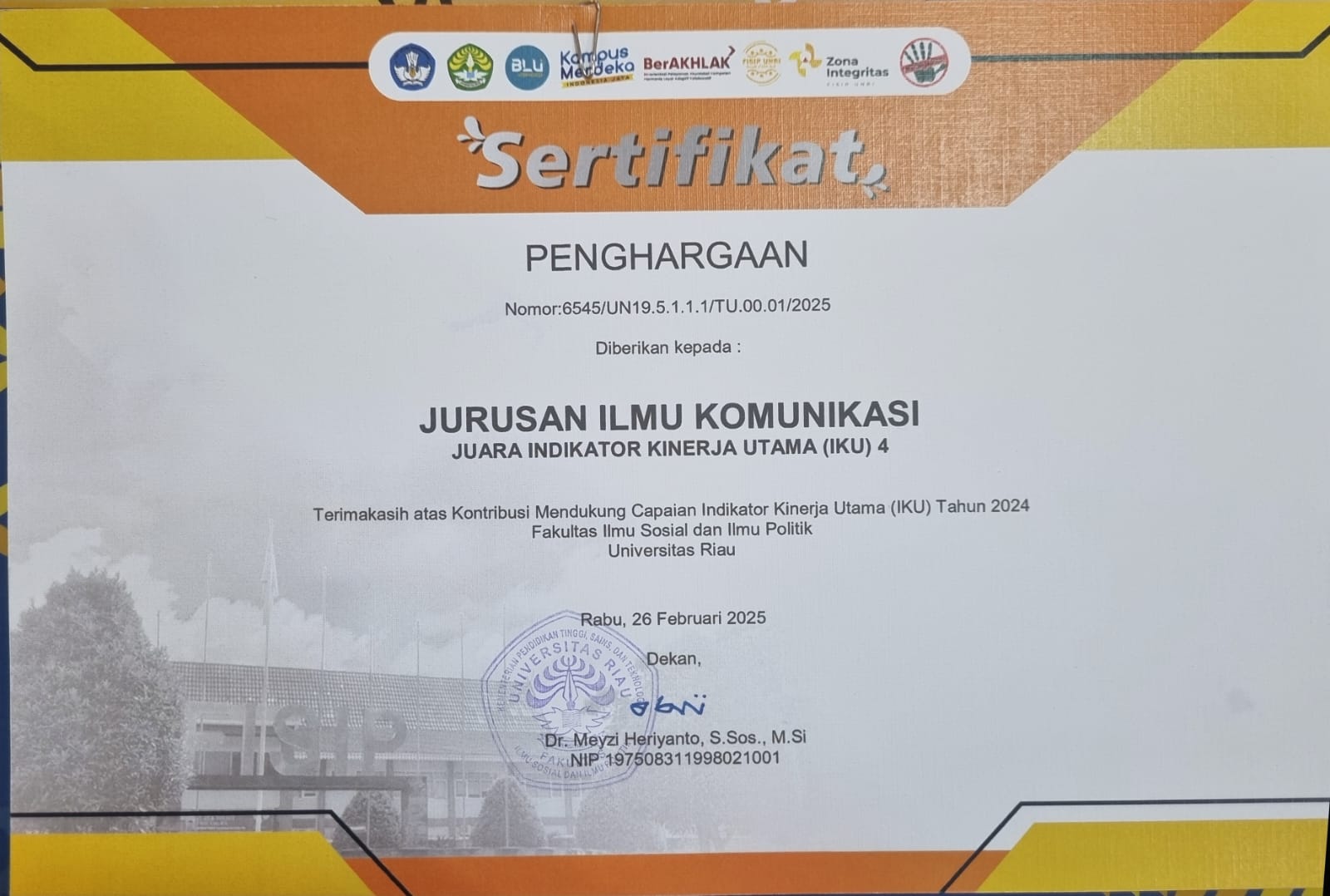 Jurusan Ilmu Komunikasi FISIP Universitas Riau Raih Penghargaan Juara IKU 4