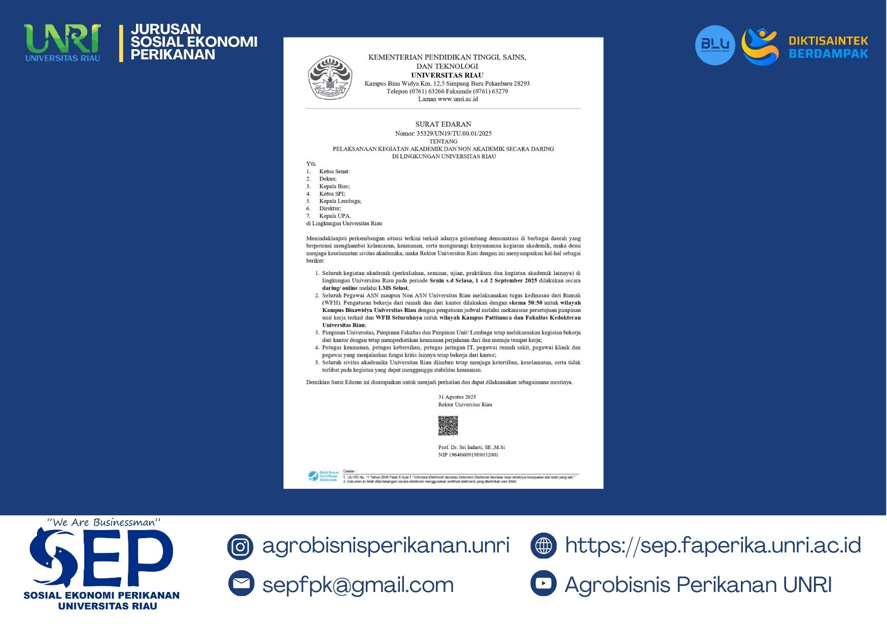 Jurusan Sosial Ekonomi Perikanan UNRI Laksanakan Kegiatan Akademik dan Non Akademik Secara Daring