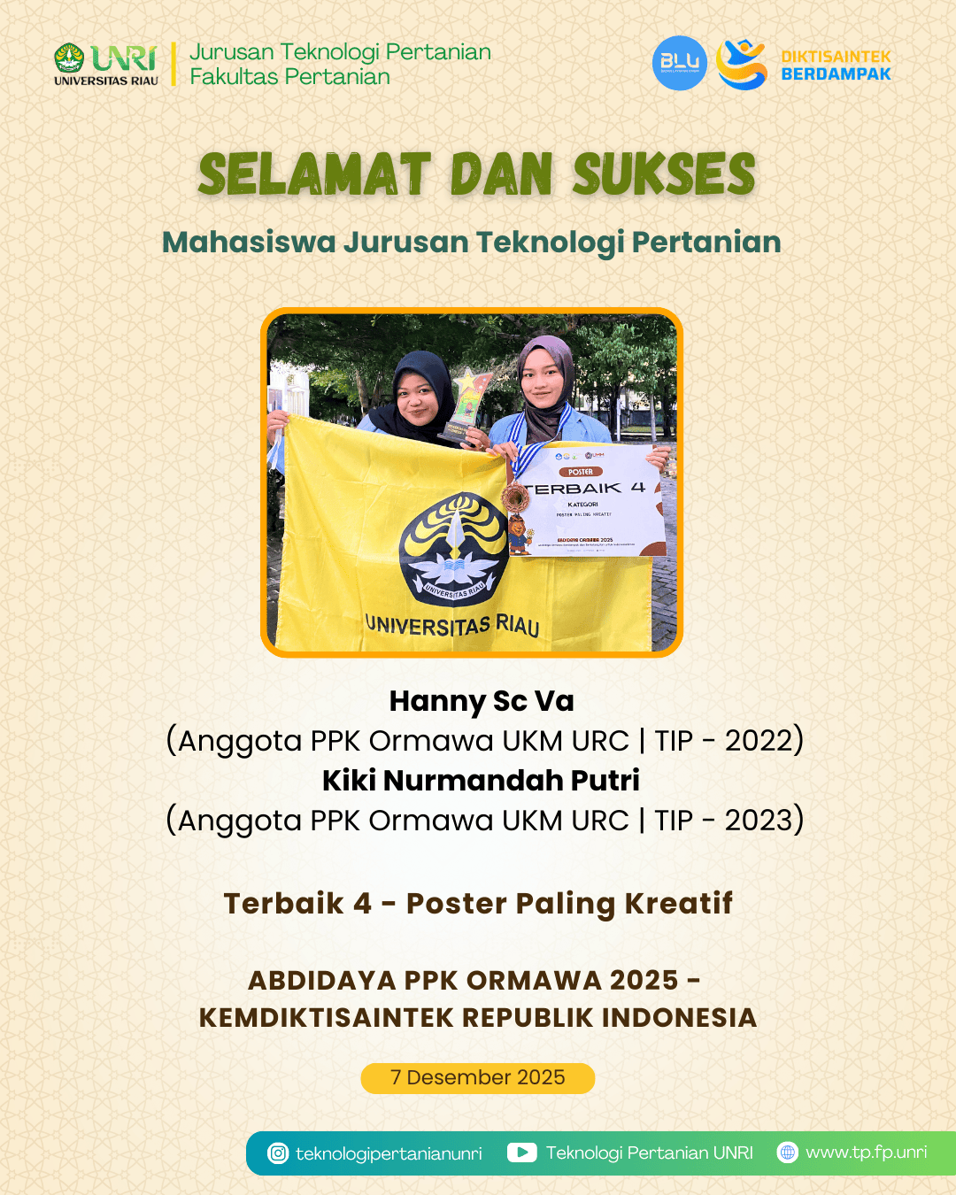 Selamat Mahasiswa TP Raih Terbaik 4 Poster Paling Kreatif Pada Abdidaya PPK Ormawa 2025
