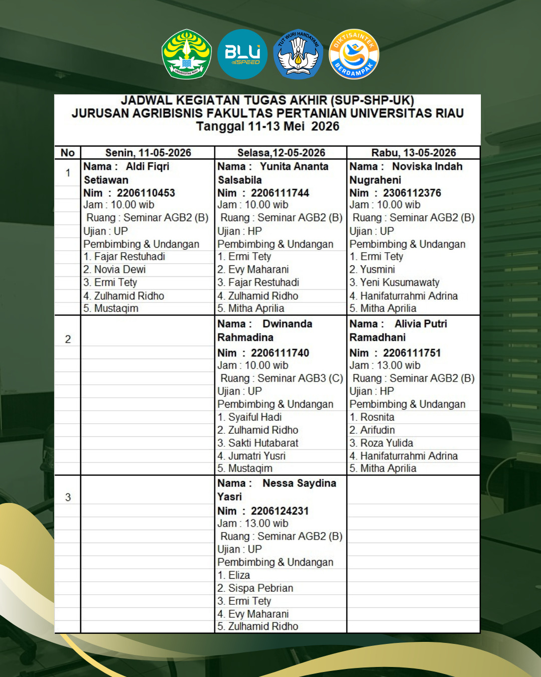 Jadwal Kegiatan TA Jurusan Agribisnis Fakultas Pertanian Universitas Riau Tanggal 11-13 Mei 2026