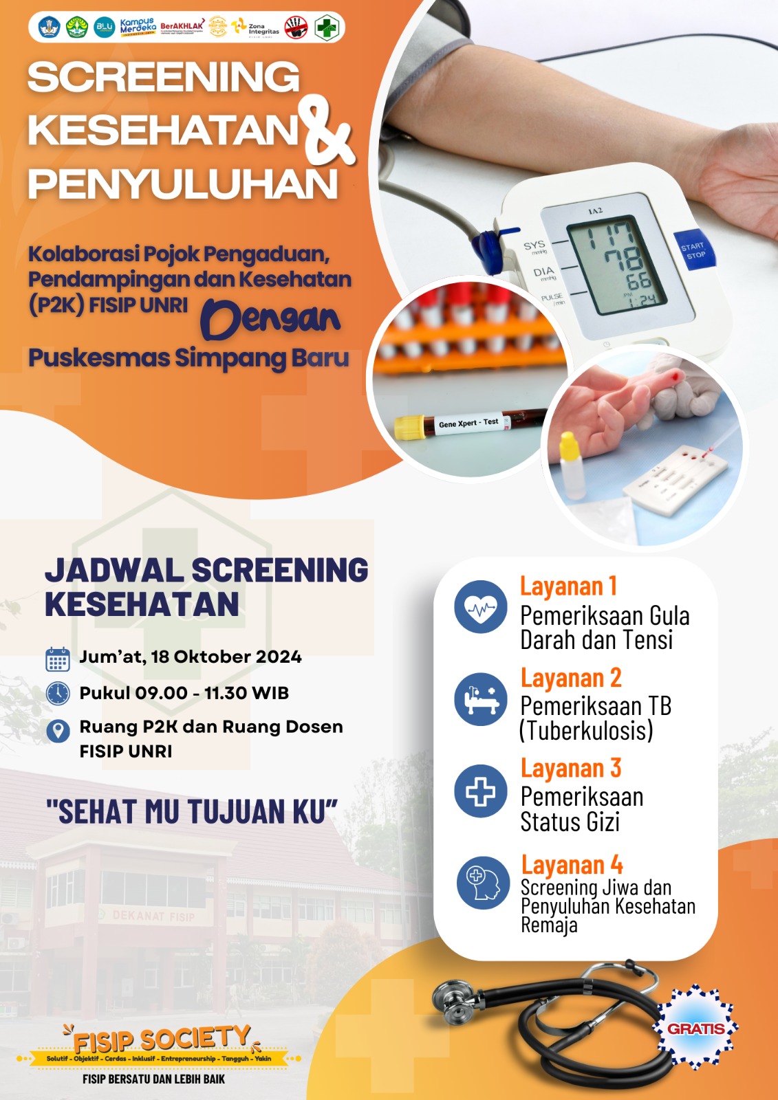 Screening Kesehatan dan Penyuluhan Kolaborasi Pojok P2K FISIP dengan Puskesmas Simpang Baru Panam Pekanbaru