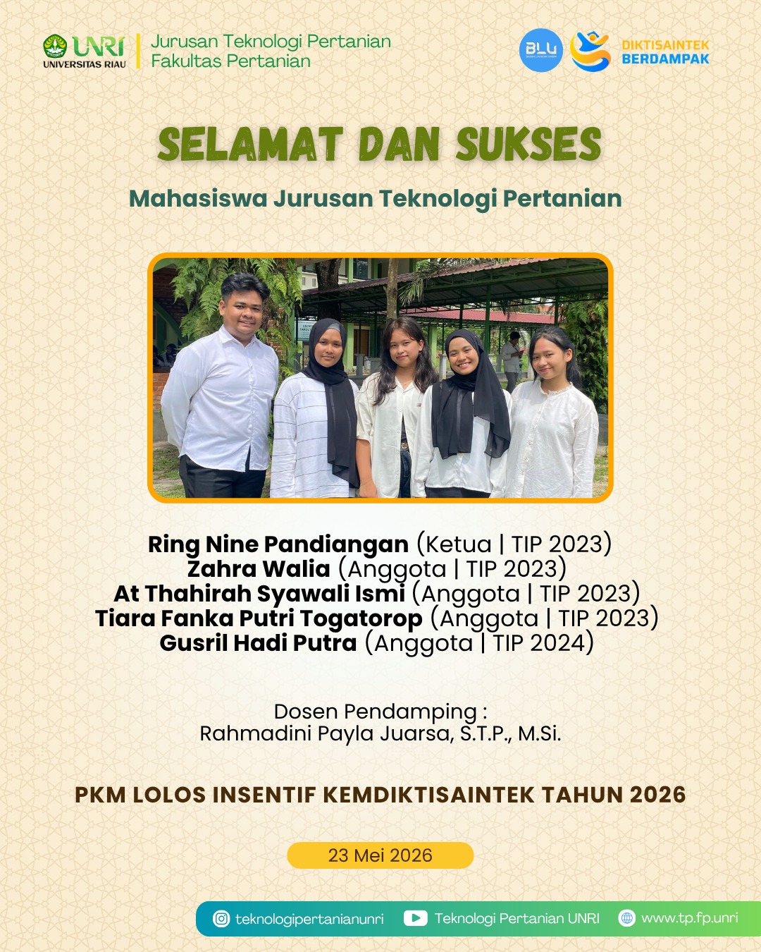 Selamat Mahasiswa TP Lolos PKM Insentif Kemdiktisaintek Tahun 2026
