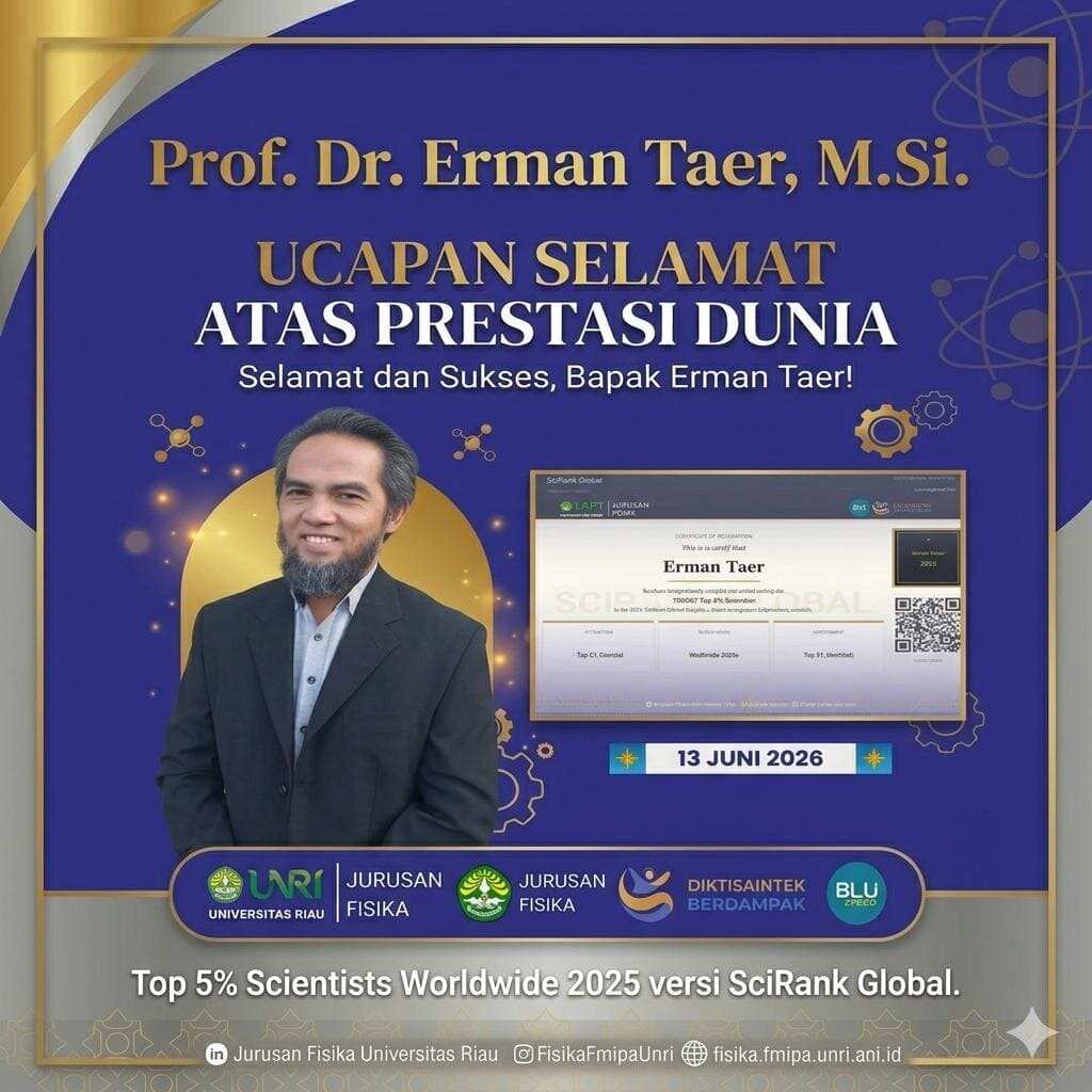 Prof. Dr. Erman Taer Masuk dalam Daftar 5% Ilmuwan Terbaik Dunia Versi SciRank Global 2025