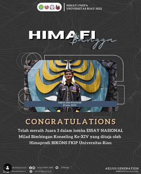 Mahasiswa S1 Fisika telah meraih Juara III dalam lomba ESSAY NASIONAL Milad Bimbingan Konseling Ke-XIV yang ditaja oleh Himaprodi BIKONS FKIP Universitas Riau