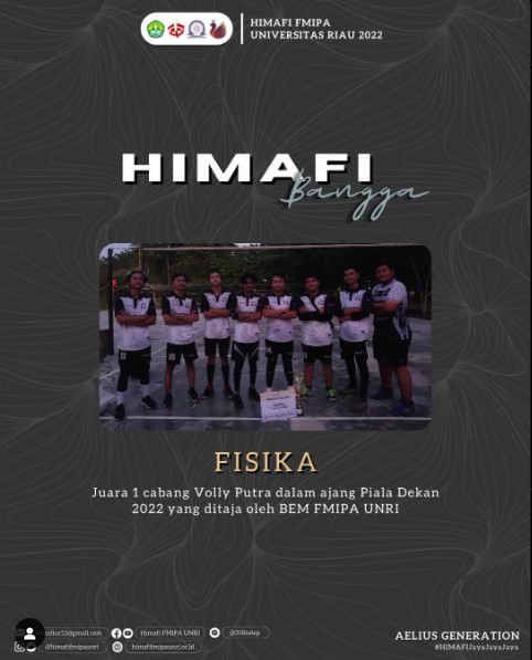 Tim Volly Putra Fisika telah meraih Juara 1 cabang Volly Putra dalam ajang Piala Dekan 2022 yang ditaja oleh BEM FMIPA UNRI